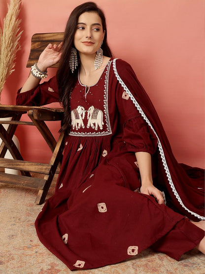 Dhiyona SN Women's Embroidered 100% Cotton Anarkali Kurta & Trouser With Dupatta