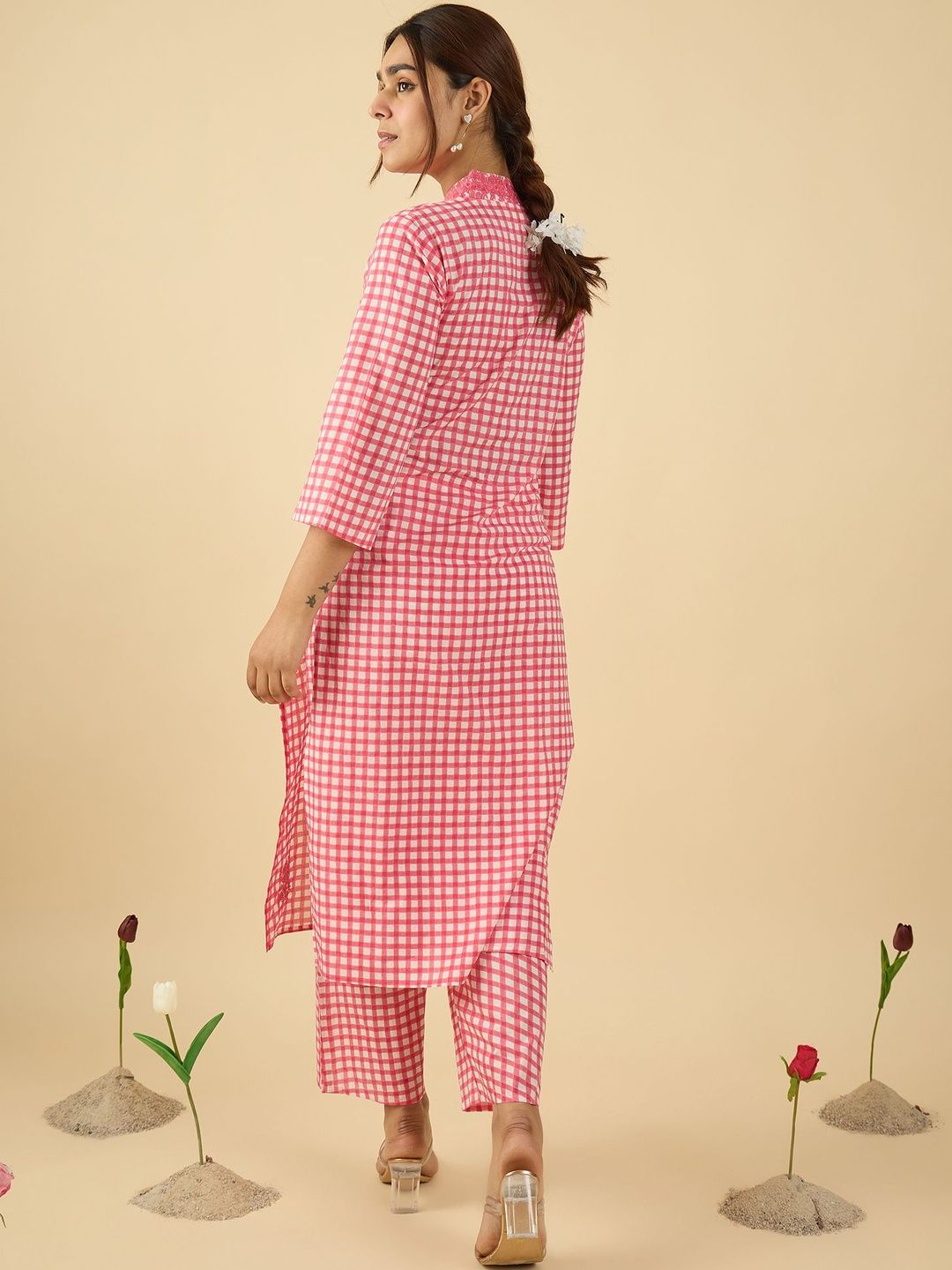 Women Checked Regular Thread Work Pure Cotton Kurta With Trousers