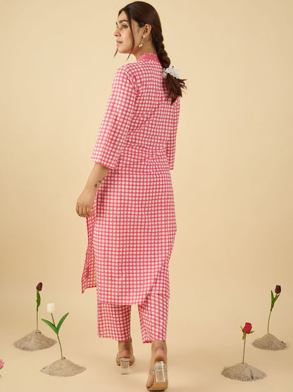 Women Checked Regular Thread Work Pure Cotton Kurta With Trousers