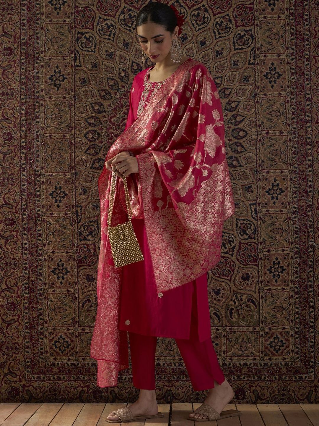 Ethnic Motifs Embroidered Straight Kurta With Trousers & Dupatta