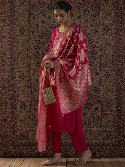 Ethnic Motifs Embroidered Straight Kurta With Trousers & Dupatta