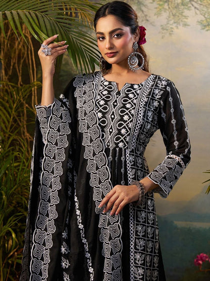 Women Ethnic Motifs Embroidered Panelled Thread Work Pure Cotton Kurta with Trousers & With Dupatta