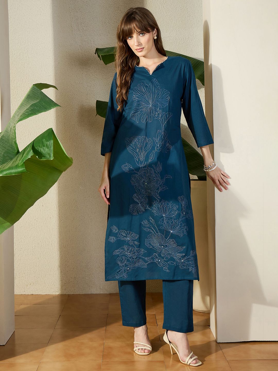 Women Pure Cotton Floral Embroidered Regular Thread Work Kurta With Trousers