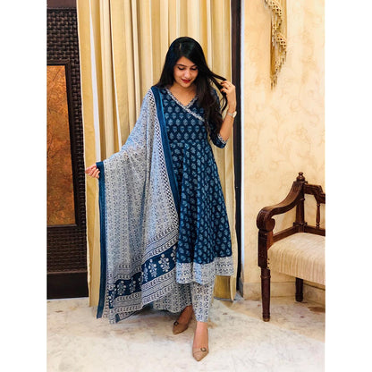 Women Blue Printed Viscose Rayon Kurta And Palazzo Set