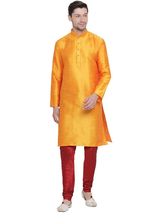 Men's Orange Silk Blend Straight Kurta Pyjama Set