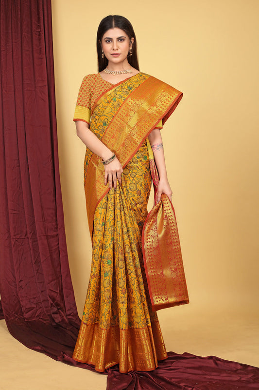 Dhiyona GR Women's Mustard Kalamkari Silk Saree