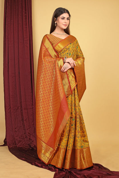 Dhiyona GR Women's Mustard Kalamkari Silk Saree
