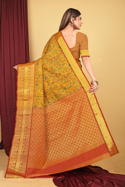 Dhiyona GR Women's Mustard Kalamkari Silk Saree