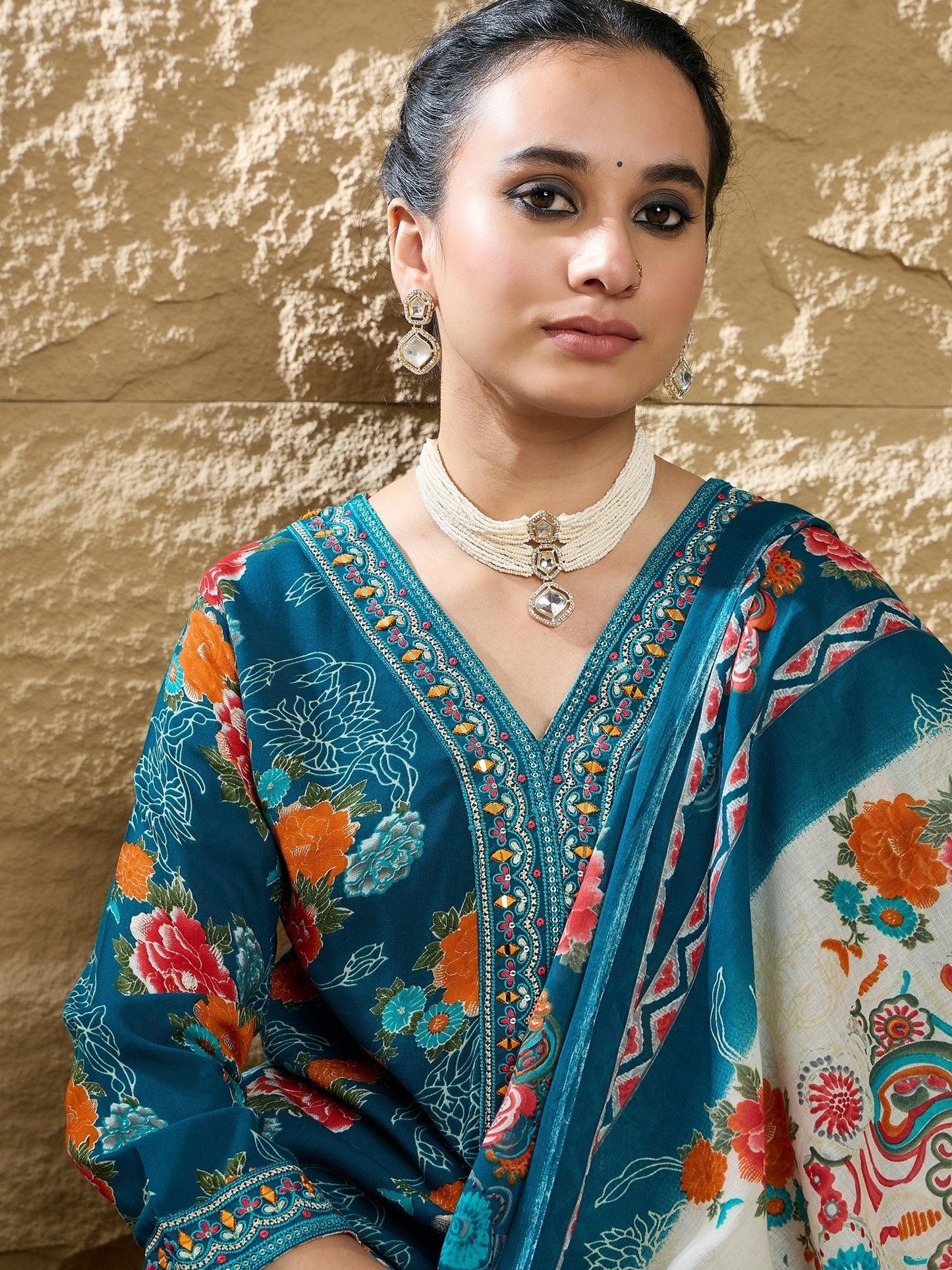 Dhiyona IE Floral Printed Mirror Work V-Neck Straight Kurta With Trousers And Dupatta