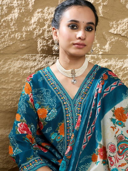 Dhiyona IE Floral Printed Mirror Work V-Neck Straight Kurta With Trousers And Dupatta