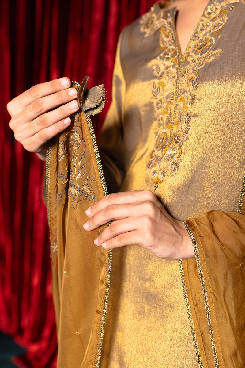 Women's Honey Mustard and Vintage Gold Tissue Kurta Set