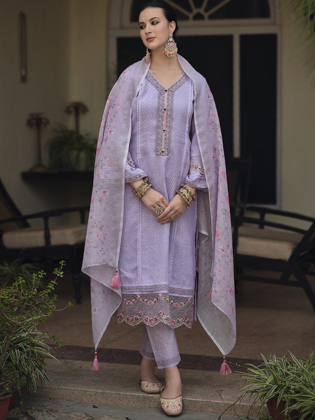 Dhiyona IE Lavender & Pink Floral Embroidered Thread Work Linen Kurta Set