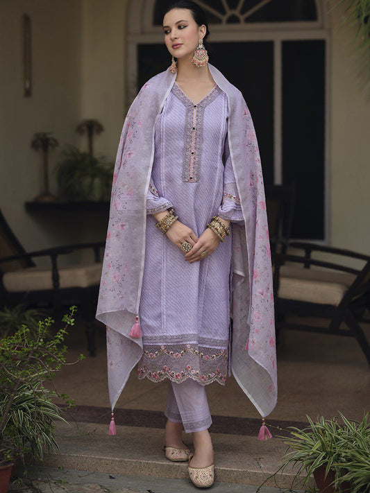 Dhiyona IE Lavender & Pink Floral Embroidered Thread Work Linen Kurta Set