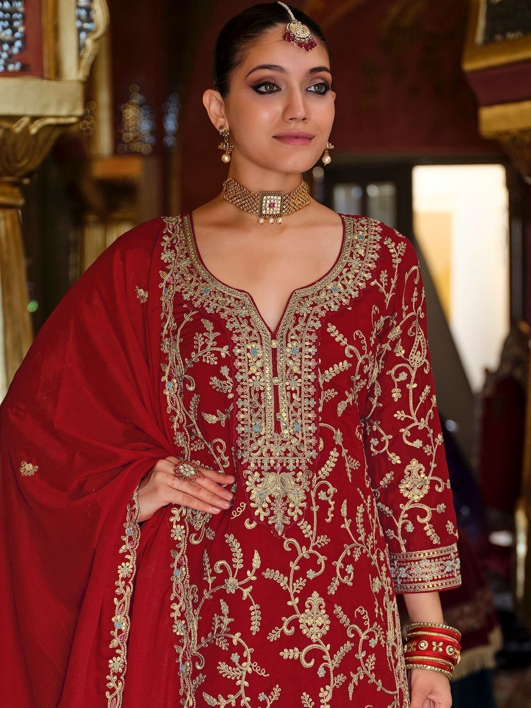 Women Ethnic Motifs Embroidered Kurta with Palazzos & Dupatta