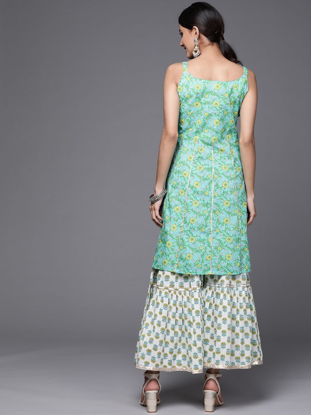 Dhiyona VA Women's Sea Green & White Floral Printed Gotta Patti Pure Cotton Kurta with Sharara