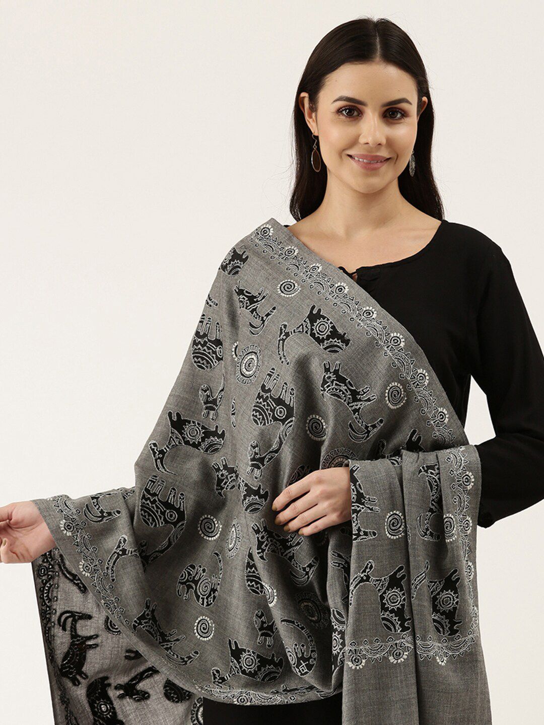 Dhiyona PA Women Grey & Black Embroidered Shawl