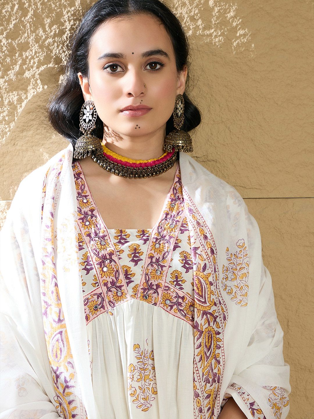 Dhiyona IE Women Ethnic Motifs Printed Empire Mirror Work Pure Cotton Kurta with Trousers & With Dupatta