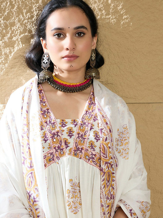 Dhiyona IE Women Ethnic Motifs Printed Empire Mirror Work Pure Cotton Kurta with Trousers & With Dupatta