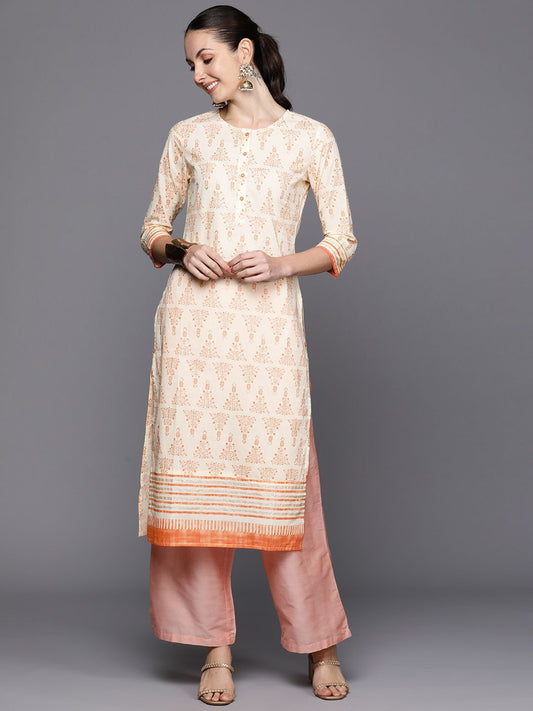 Dhiyona IE Ethnic Motifs Foil Printed Pure Cotton Straight Kurta