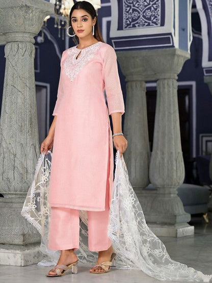 Dhiyona VA Women'sFloral Thread Zari Embroidered Straight Kurta & Trousers With Dupatta