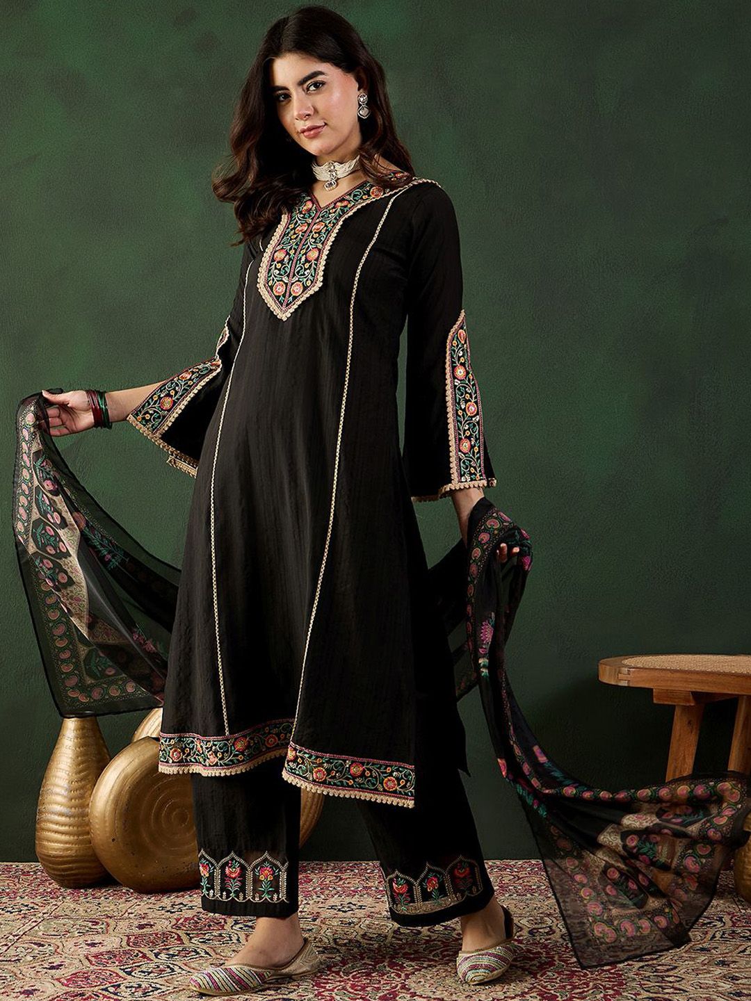 Dhiyona SN Women's Sequence Embroidered A-Line Kurta & Trousers With Dupatta