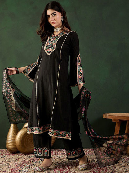 Dhiyona SN Women's Sequence Embroidered A-Line Kurta & Trousers With Dupatta