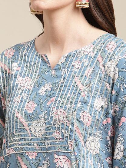 Dhiyona VA Women's Blue Ethnic Motifs Printed Kurta With Palazzos & Dupatta
