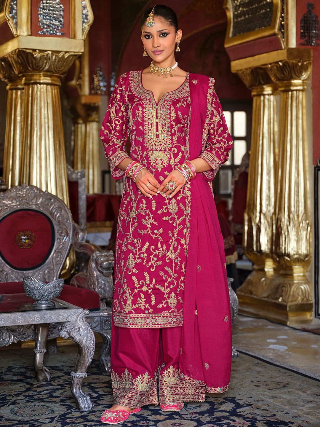Adults-Women Woven Design Embroidered Kurta with Palazzos & Dupatta