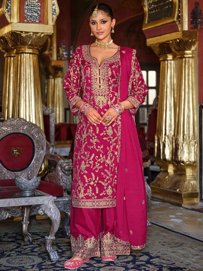 Adults-Women Woven Design Embroidered Kurta with Palazzos & Dupatta
