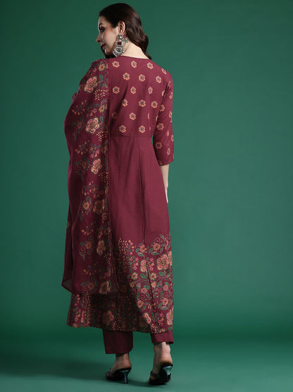 Floral Printed Pure Cotton Kurta with Trousers & Dupatta