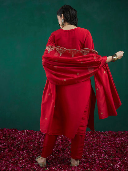 Dhiyona IE Red Ethnic Motifs Embroidered Regular Kurta with Trousers & Dupatta