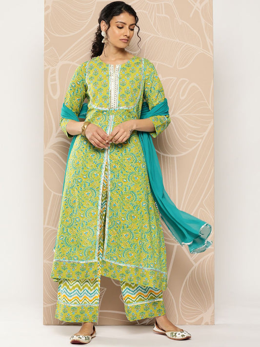 Dhiyona VA Women'sFloral Printed Mirror Work Pure Cotton Kurta With Palazzos & Dupatta