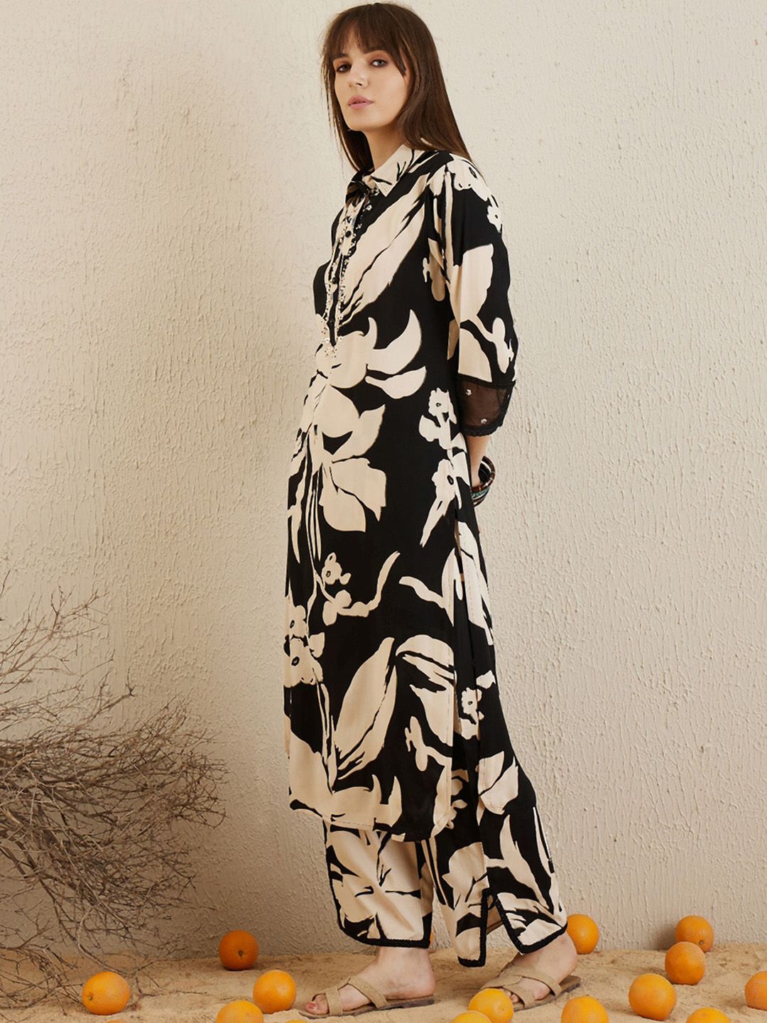 Dhiyona IE Floral Printed Regular Sequinned Kurta with Trousers