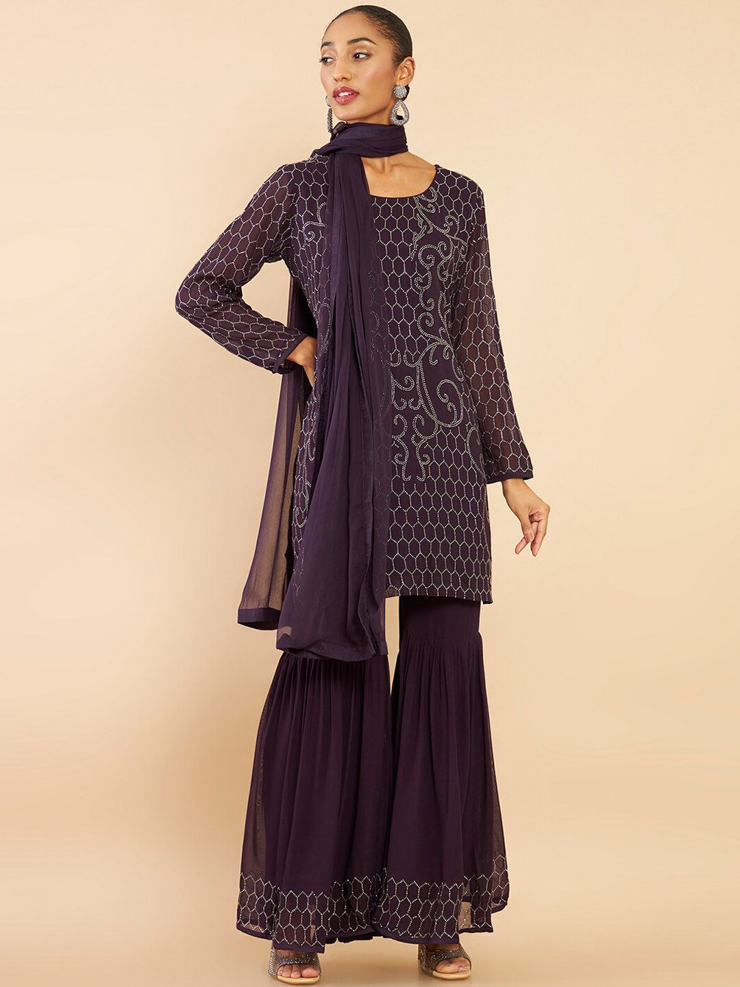 Dhiyona SO Women's Women Purple Floral Embroidered Beads and Stones Kurta with Sharara & With Dupatta