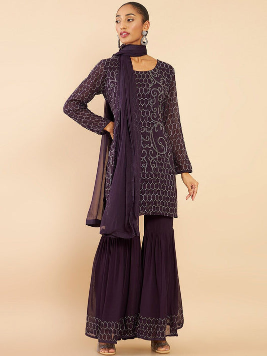 Dhiyona SO Women's Women Purple Floral Embroidered Beads and Stones Kurta with Sharara & With Dupatta
