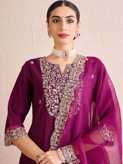 Dhiyona IE Women Floral Embroidered Regular Sequinned Liva Kurta with Trousers & With Dupatta