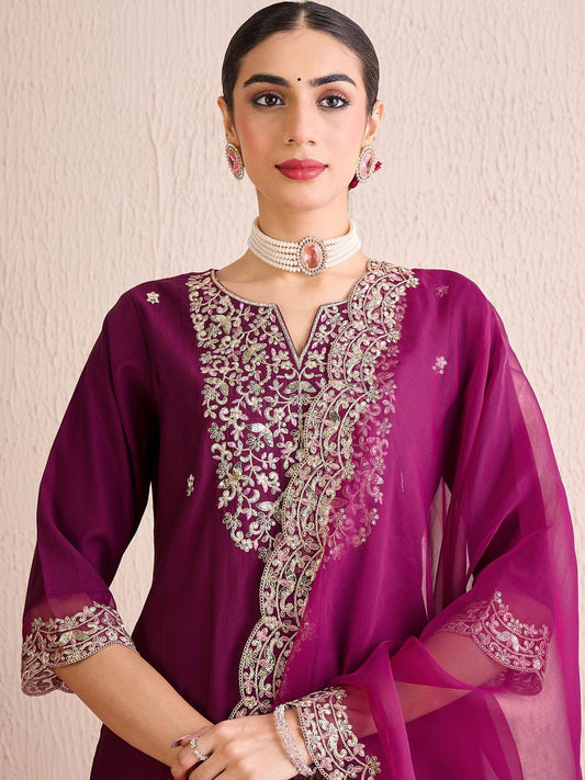 Dhiyona IE Women Floral Embroidered Regular Sequinned Liva Kurta with Trousers & With Dupatta