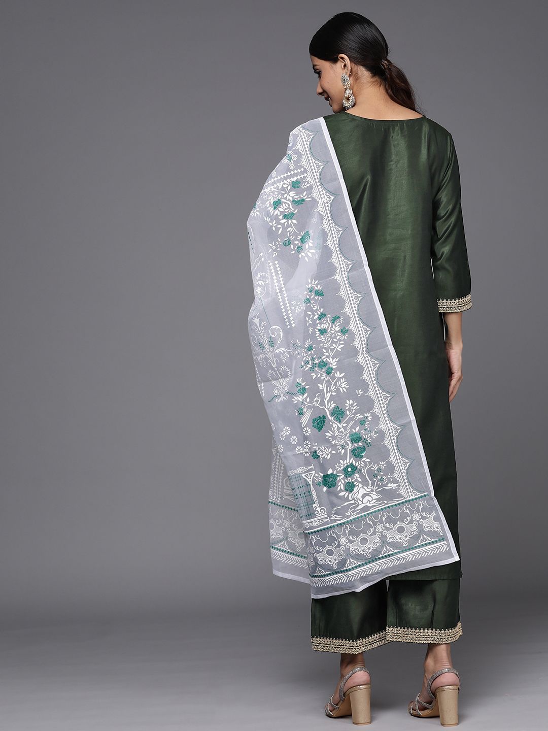Women Green Sequinned Liva Kurta with Palazzos & With Dupatta