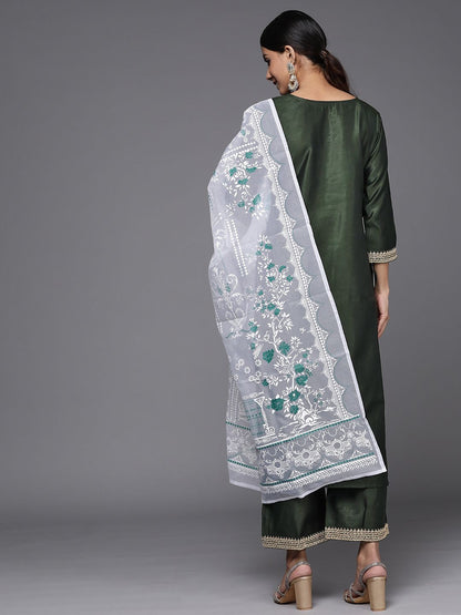 Women Green Sequinned Liva Kurta with Palazzos & With Dupatta