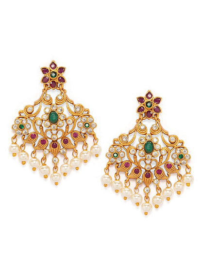Dhiyona RJ Women's 22K Gold Plated Ruby & Emerald Studded Flower Design Drop Earrings with Pearl Drops
