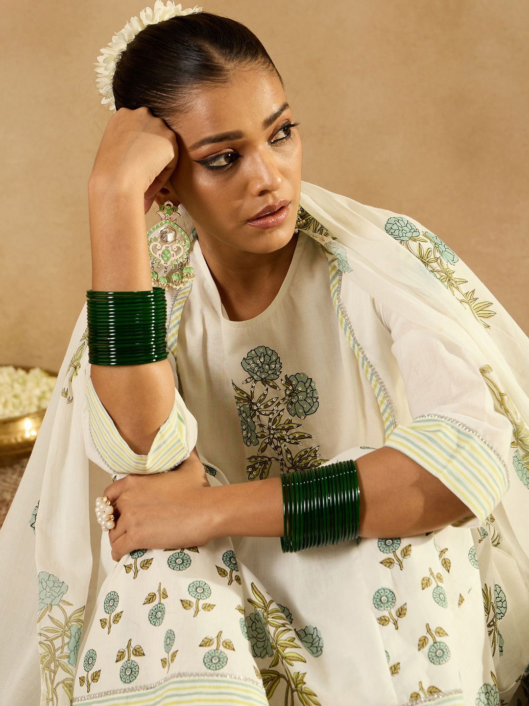 Floral Printed Empire Sequinned Pure Cotton A-Line Kurta With Trousers & Dupatta