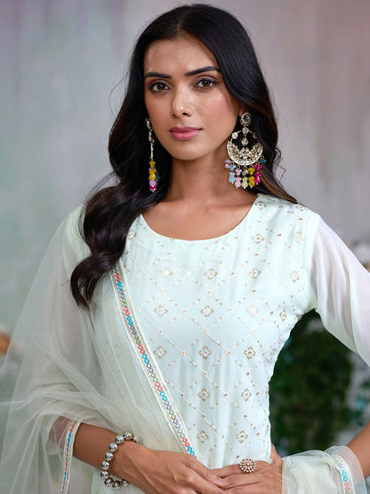 Dhiyona CH Floral Embroidered Sequinned Georgette Straight Kurta With Sharara & Dupatta