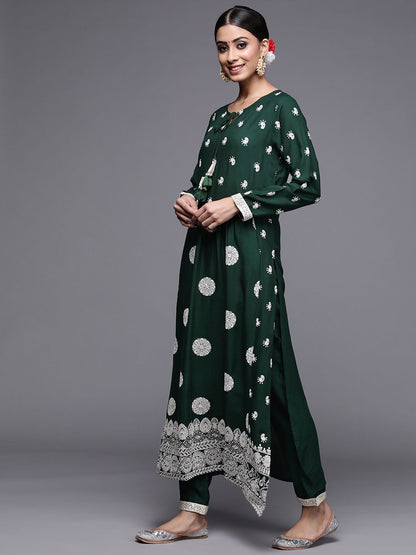Women Green & White Ethnic Motifs Embroidered Kurta with Trousers