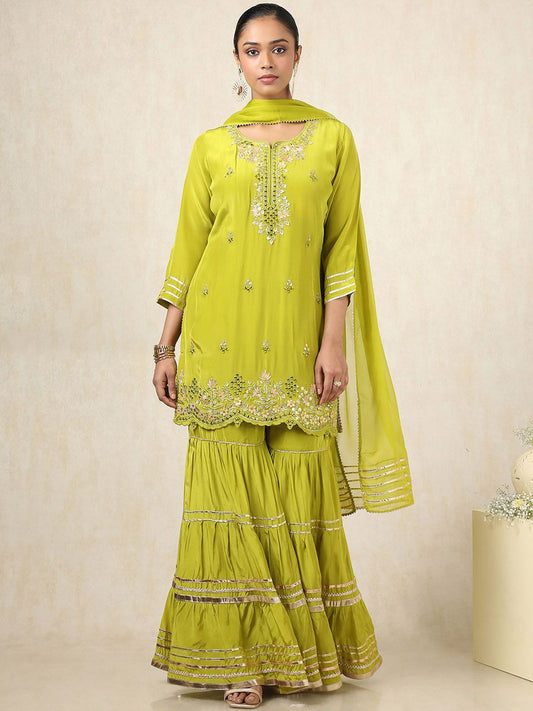 Dhiyona SO Women's Floral Embroidered Notch Neck Mirror Work Straight Kurta With Sharara And Dupatta