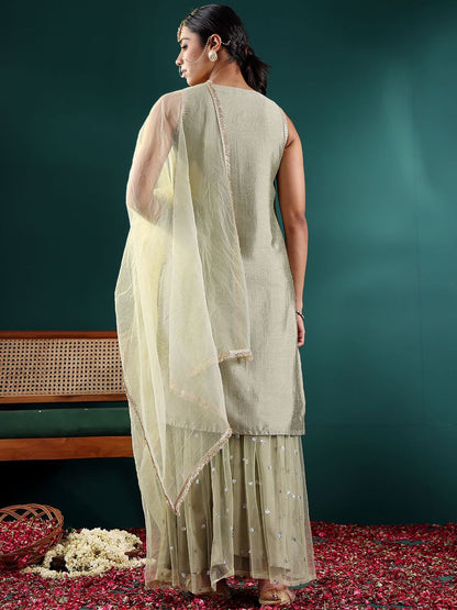 Dhiyona VA Women's Floral Embroidered Regular Kurta with Sharara & With Dupatta