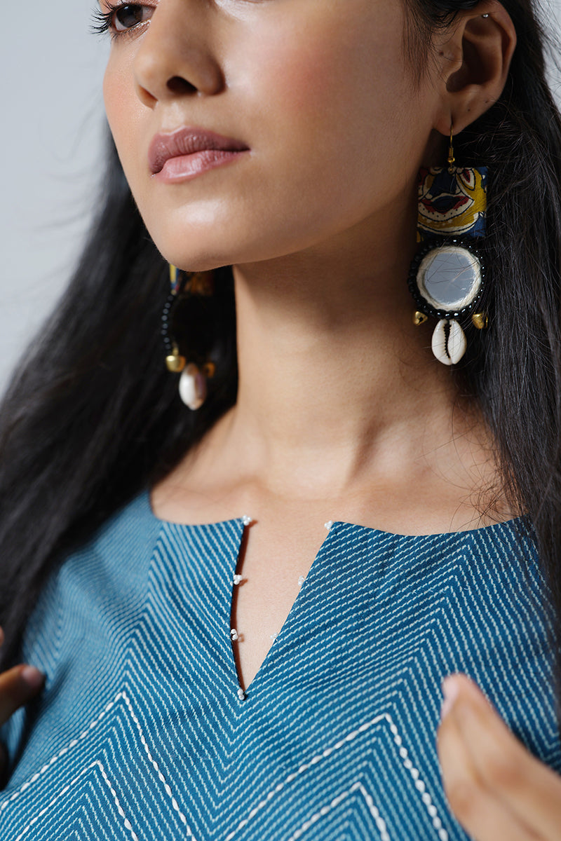 Women's Indigo Blue Cotton Kurta and Cream Bottom Set