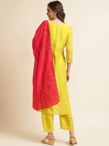 Dhiyona IS Women's Women Yellow & Pink Floral Embroidered Sequinned Kurta With Trousers & Dupatta