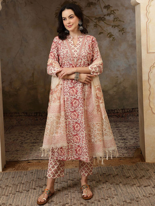 Dhiyona SN Women's Floral Printed Mandarin Collar Pure Cotton Kurta With Trousers & Dupatta