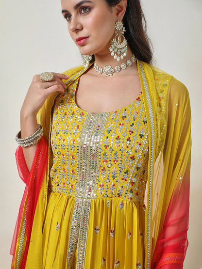 Dhiyona SO Women's Women Alina Cut Ethnic Motifs Embroidered Pleated Sequinned Kurta with Palazzos & With Dupatta