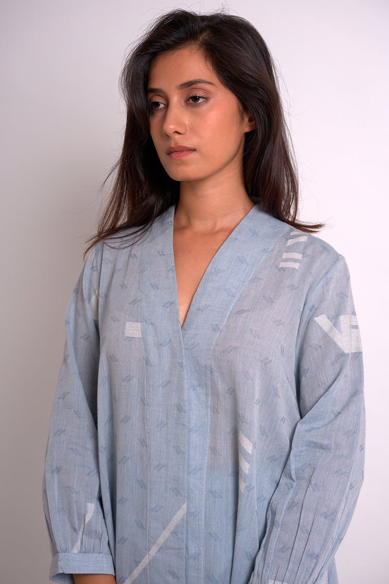 Women's Powder Blue Woven Kurta With Printed Cotton Bottom